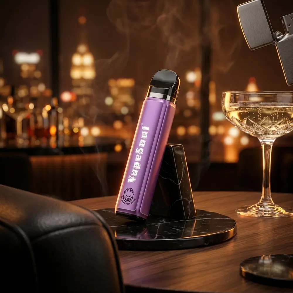 Pod Vapesoul Apple Champagne apoiado em mesa de lounge urbana, reflexos ambar e luzes da cidade ao fundo - Vapor Gringo