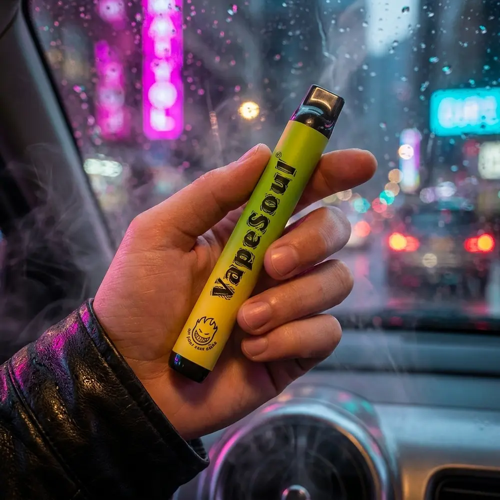 Pod Vapesoul Apple Ice na mao de um vaper, reflexos neon magenta e cidade chuvosa desfocada ao fundo - Vapor Gringo