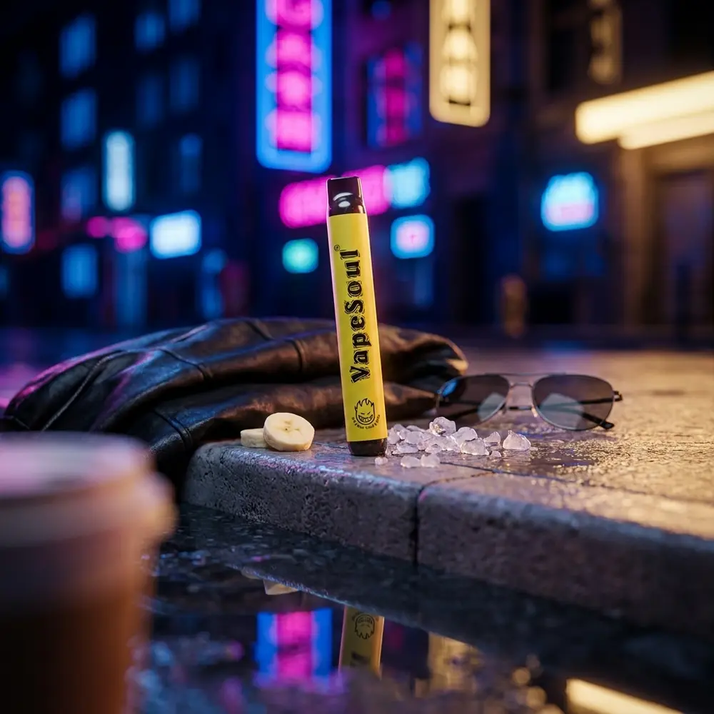 Pod descartavel Vapesoul Banana Ice apoiado em guia molhada na rua com bokeh neon noturno e gelo - Vapor Gringo