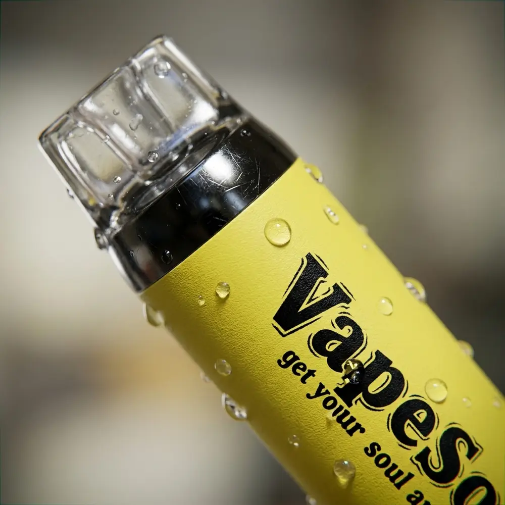 Bocal e rotulo do Pod descartavel Vapesoul Banana Ice com gotas de condensacao e reflexos metalicos - Vapor Gringo