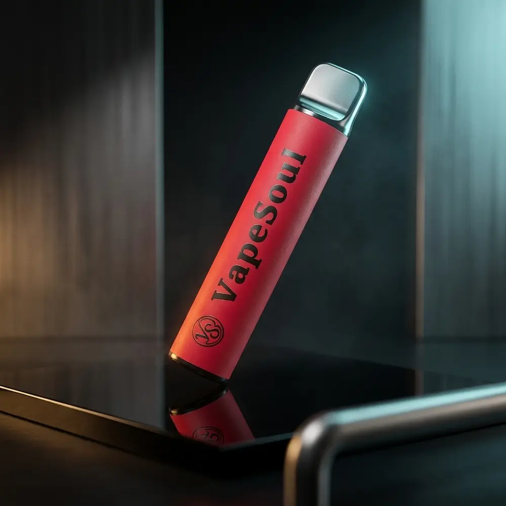 Pod descartavel Vapesoul Blackberry apoiado em base acrilica preta, iluminacao cinematica e reflexos premium - Vapor Gringo