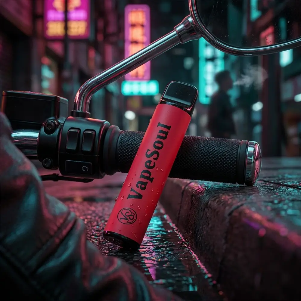Pod Vapesoul Blackberry encostado em guia molhada de rua neon, reflexos magenta-teal e ambiente noturno urbano - Vapor Gringo