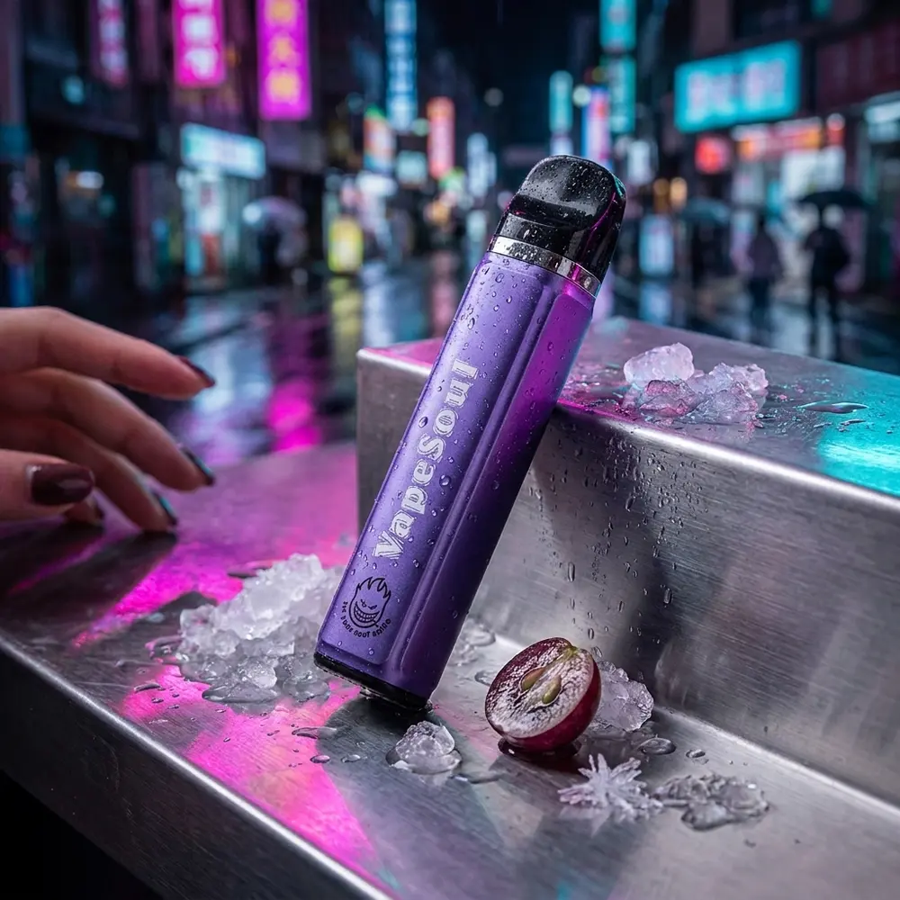 Pod descartavel Vapesoul Grape Ice apoiado num balcao noturno com gelo, uva cortada e reflexos de neon ao fundo - Vapor Gringo