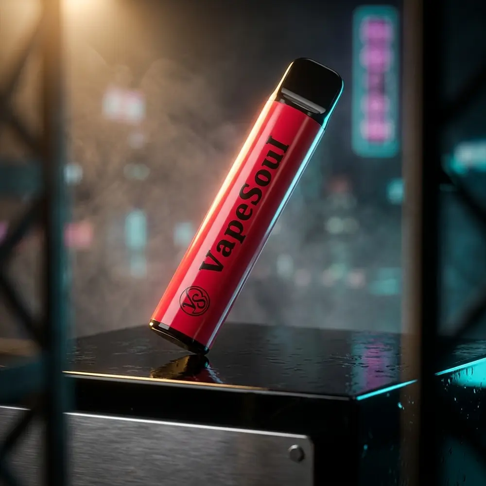 Pod descartavel Vapesoul Love 66 sobre base acrilica preta com iluminacao cinematica e reflexos - Vapor Gringo