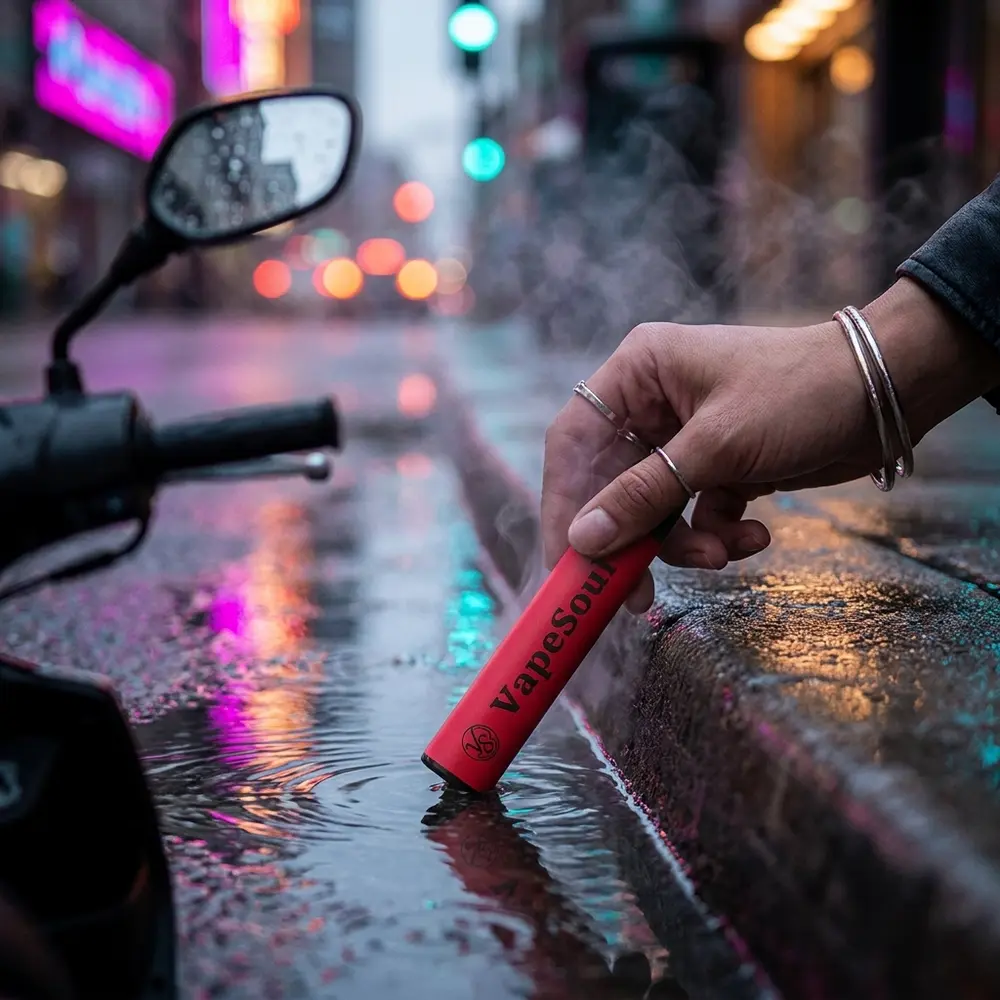 Pod Vapesoul Love 66 apoiado na calçada molhada, reflexos de neon urbano e mao segurando parcialmente - Vapor Gringo