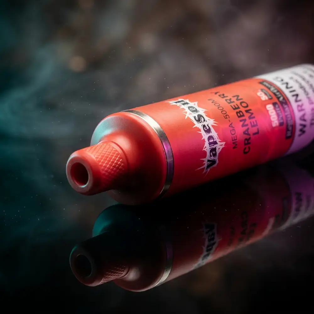 Pod Descartável Vapesoul Mega Cranberry Lemon inclinado sobre acrílico preto com reflexos magenta e teal - Vapor Gringo