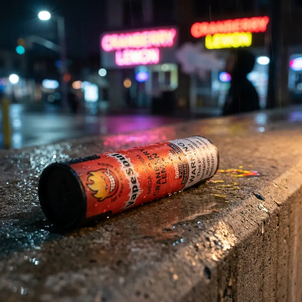Pod Descartável Vapesoul Mega Cranberry Lemon sobre parapeito molhado em rua neon com reflexos da cidade - Vapor Gringo