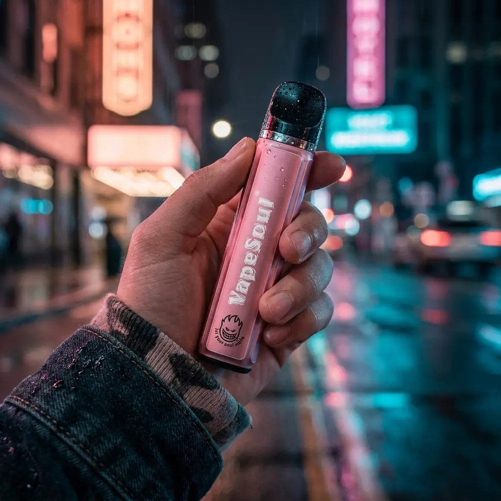 Mao segurando Pod descartavel Vapesoul Peach Ice na rua noturna com neon rosa e chuva refletida - Vapor Gringo