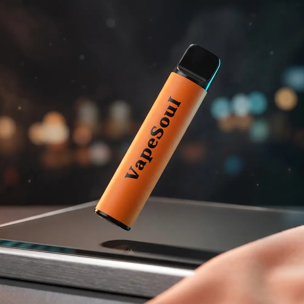 Pod descartavel Vapesoul Peach Mango suspenso sobre base acrilica escura, iluminacao peach e ciano, reflexos urbanos - Vapor Gringo