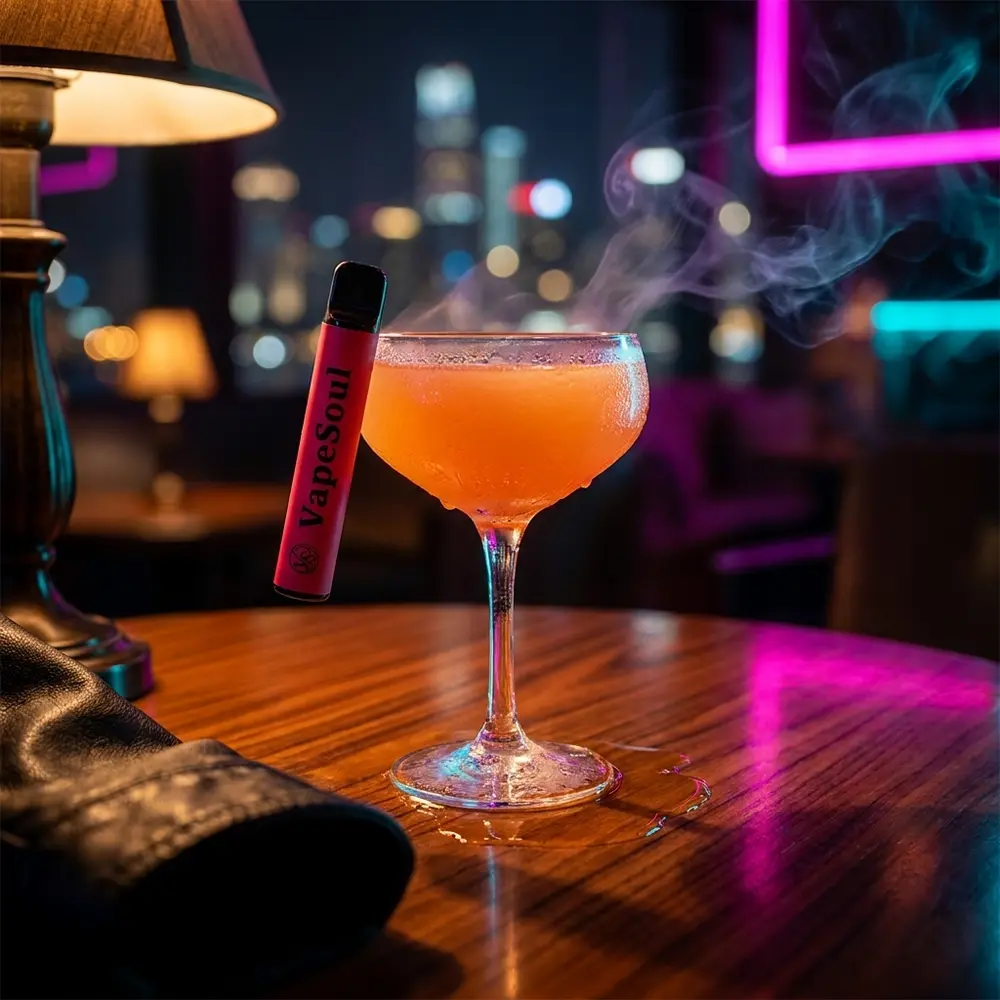 Pod Vapesoul Peach Mango Watermelon apoiado ao lado de cocktail em lounge urbano com luzes neon e madeira polida - Vapor Gringo