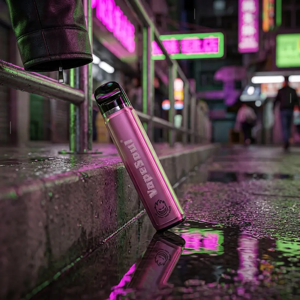Pod Vapesoul Strawberry Kiwi apoiado em beira de rua molhada com neon urbano rosa e verde ao fundo. - Vapor Gringo