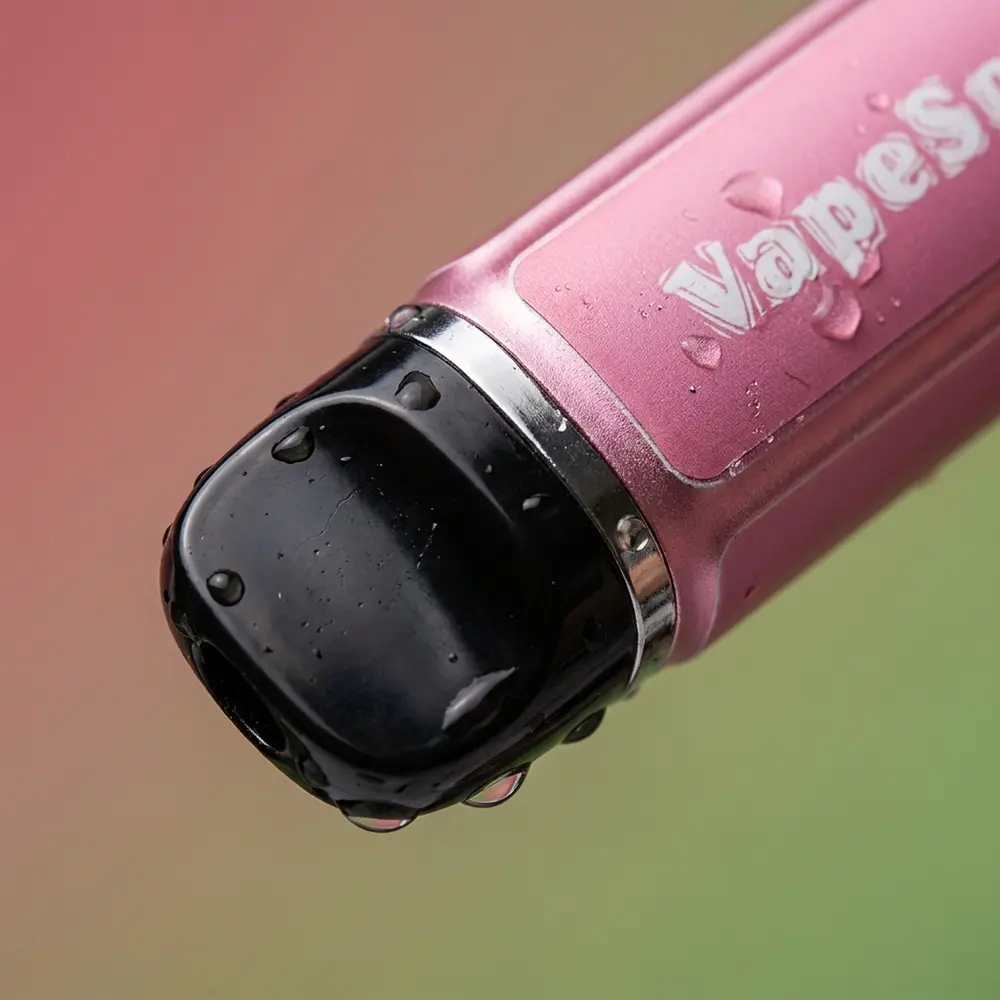 Close macro do pod Vapesoul Strawberry Kiwi mostrando bocal, etiqueta e gotas de condensacao na superficie. - Vapor Gringo