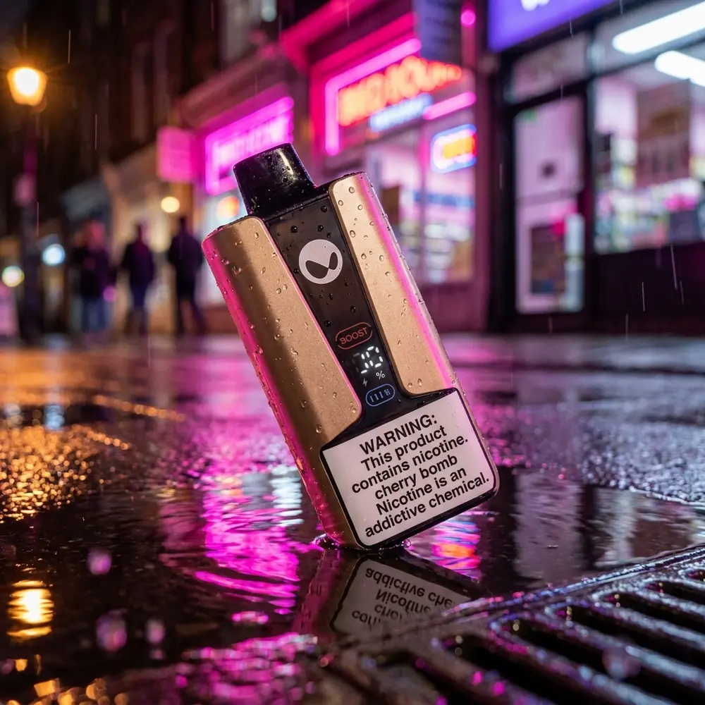 Waka soPRO Titan Cherry Bomb apoiado em piso molhado na rua noturna com néon rosa e bokeh urbano ao fundo - Vapor Gringo