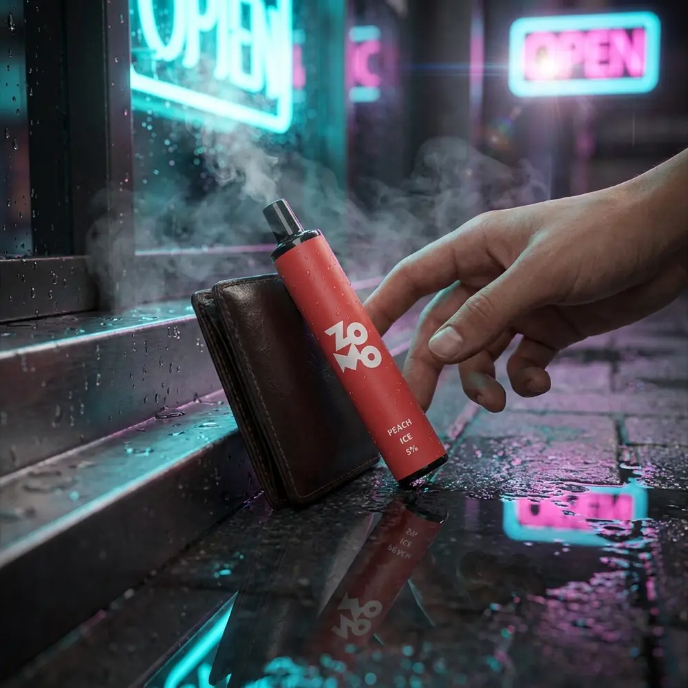 Pod Zomo Flow Trident Mint apoiado em parapeito urbano molhado com neon ao fundo e mao de vaper - Vapor Gringo