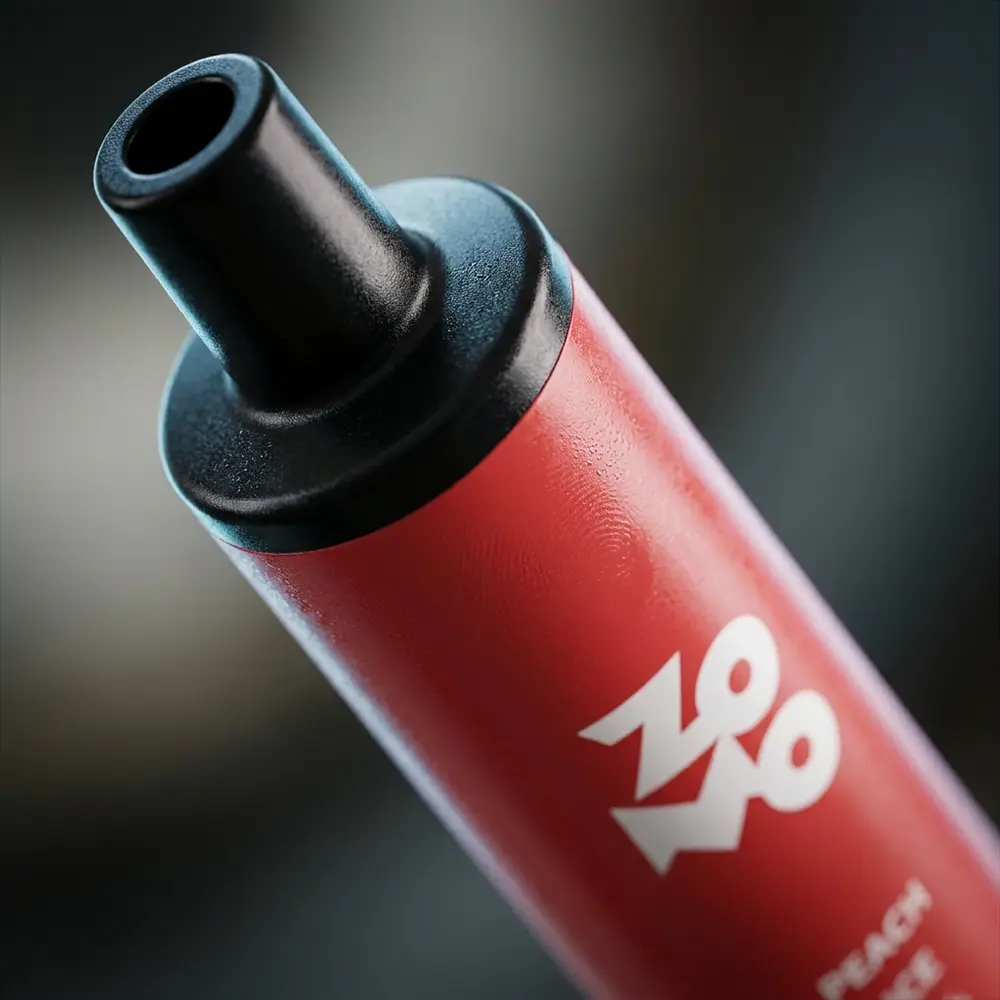 Detalhe macro do bocal e rotulo do Zomo Flow Trident Mint com condensacao e reflexos metalicos - Vapor Gringo