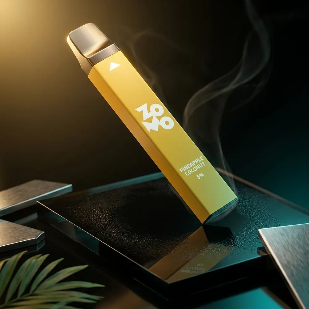 Pod Descartável Zomo Go Pineapple Coconut sobre base acrílica preta com luzes douradas e teal - Vapor Gringo