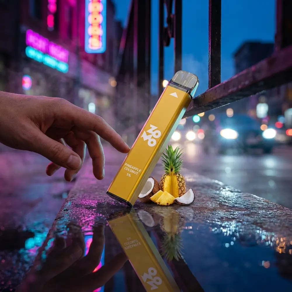 Pod Descartável Zomo Go Pineapple Coconut em beiral molhado com reflexos neon urbanos e bokeh de rua - Vapor Gringo