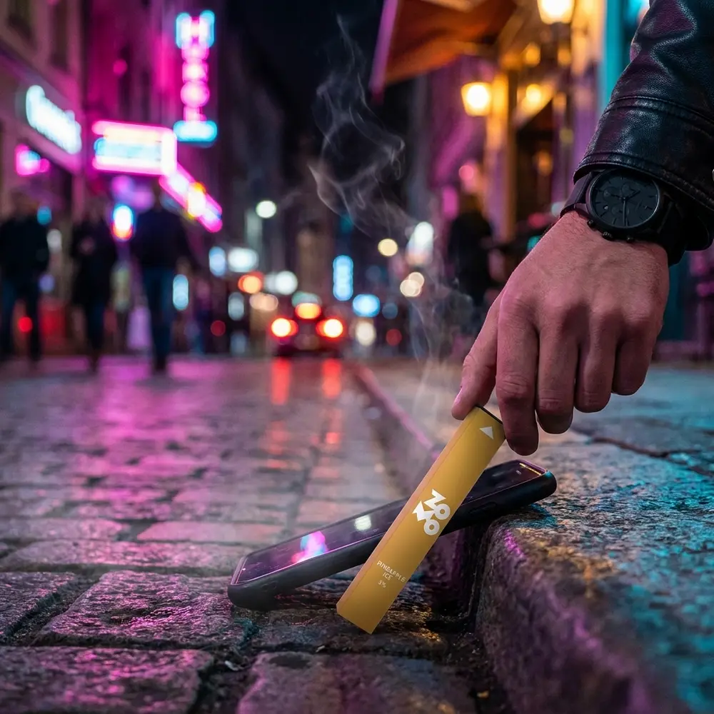 Pod Zomo Go! Pineapple Ice ao lado de smartphone e luzes neon em rua urbana noturna estilizada - Vapor Gringo