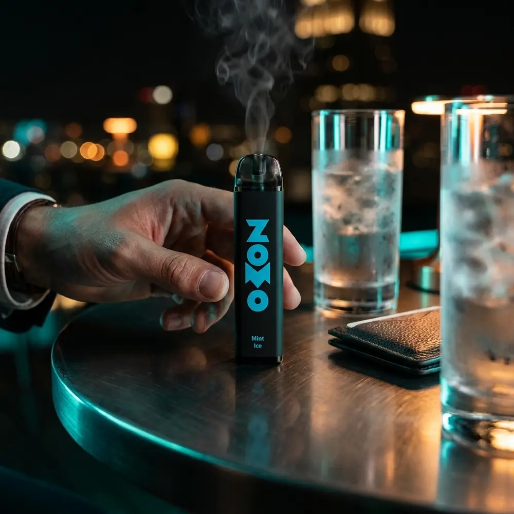 Pod Zomo Mint Ice 800 puffs em lounge noturno sobre mesa escura com luzes neon mint e objetos pessoais ao redor - Vapor Gringo