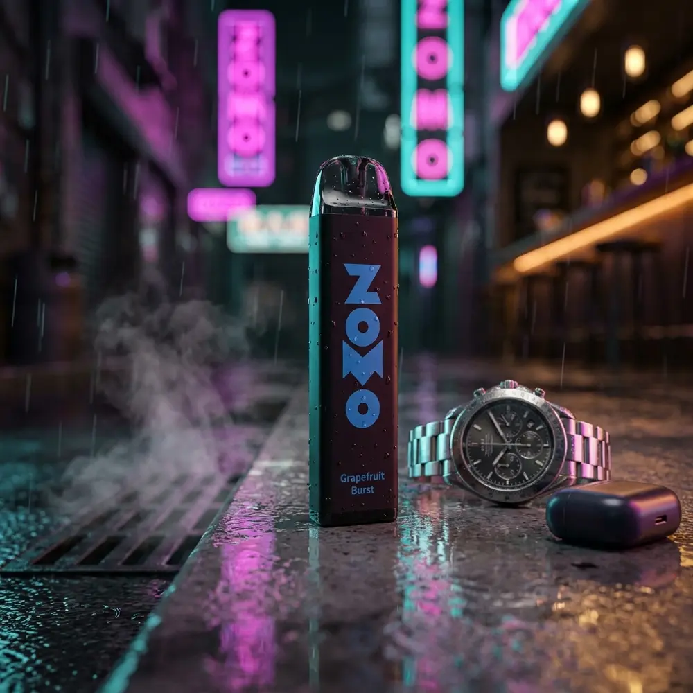 Pod Zomo Party Grapefruit Brust apoiado em balcão molhado com luzes neon ao fundo, vibe urbana noturna - Vapor Gringo