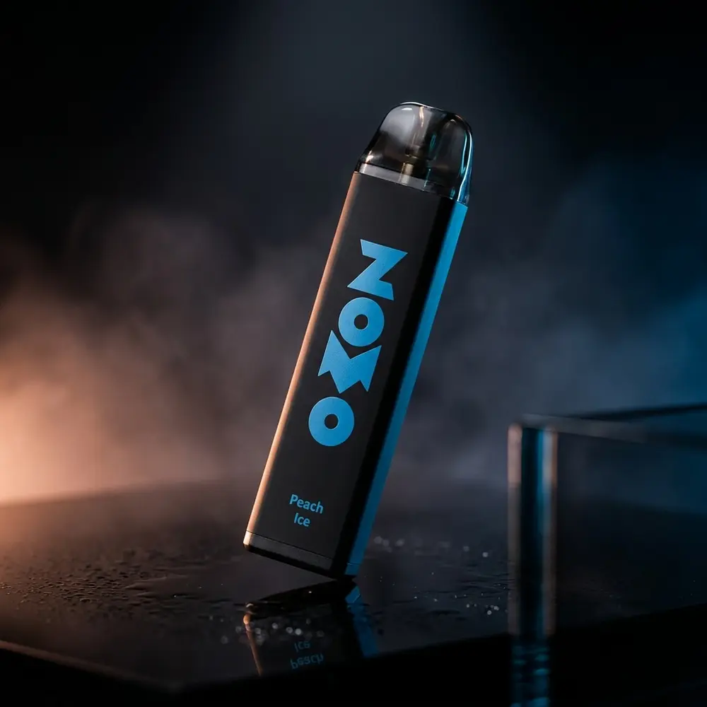 Pod Descartável Zomo Party Peach Ice sobre acrílico preto com luzes pêssego e azuis e reflexos marcantes - Vapor Gringo