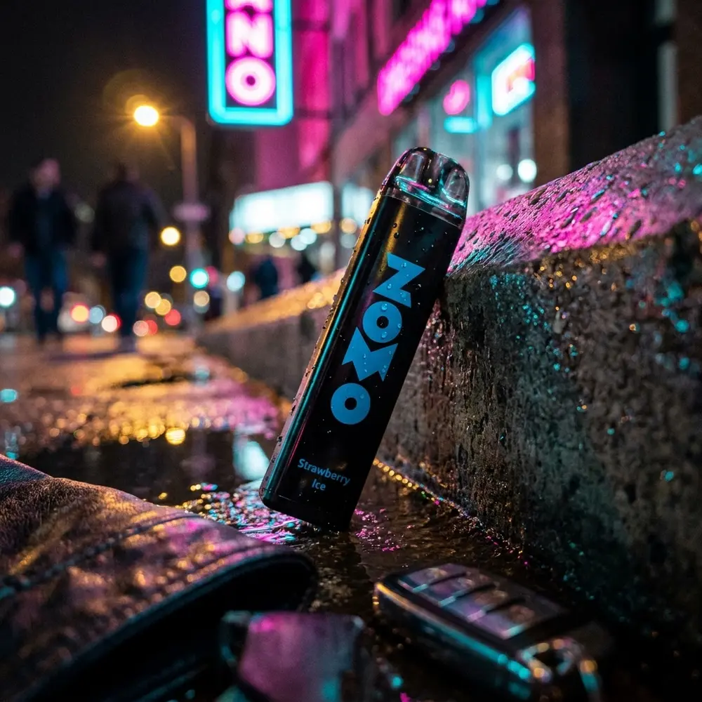 Pod descartavel Zomo Party Strawberry Ice apoiado em parapeito molhado, luzes neon e rua noturna ao fundo - Vapor Gringo
