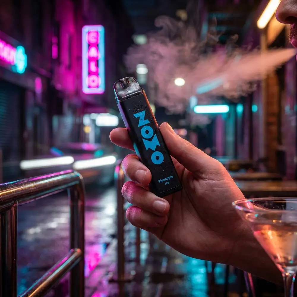 Pod Zomo Strawberry Cream 800 puffs na mão de um vaper em rua noturna com luzes neon e reflexos no chão - Vapor Gringo