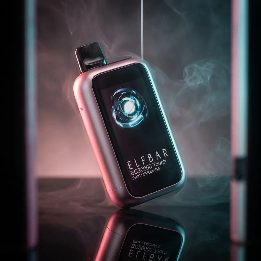 Pod Descartável Elf Bar BC20000 Pink Lemonade apoiado sobre acrílico brilhante com iluminação rosa e reflexos metálicos - Vapor Gringo