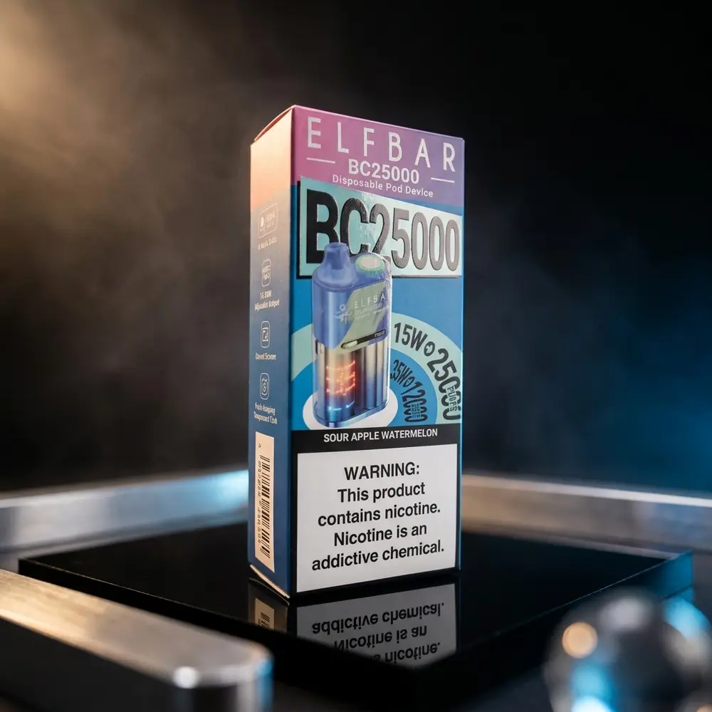 Pod descartavel Elf Bar BC25000 sobre acrilico preto com luzes quentes e azuis, close cinematografico - Vapor Gringo