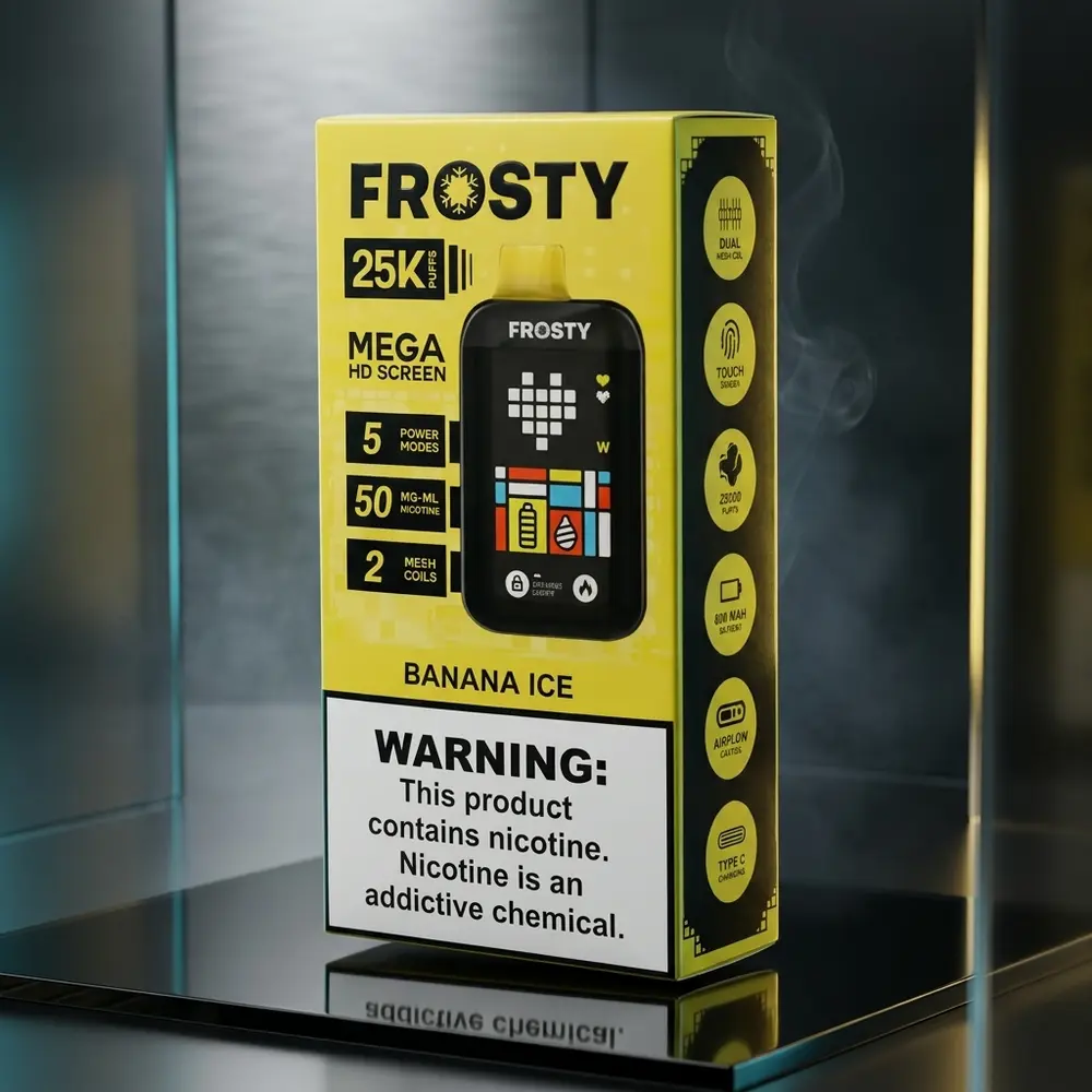 Pod Descartável Frosty Banana Ice sobre base acrílica preta com luzes cian e amarela, reflexos e névoa fria - Vapor Gringo