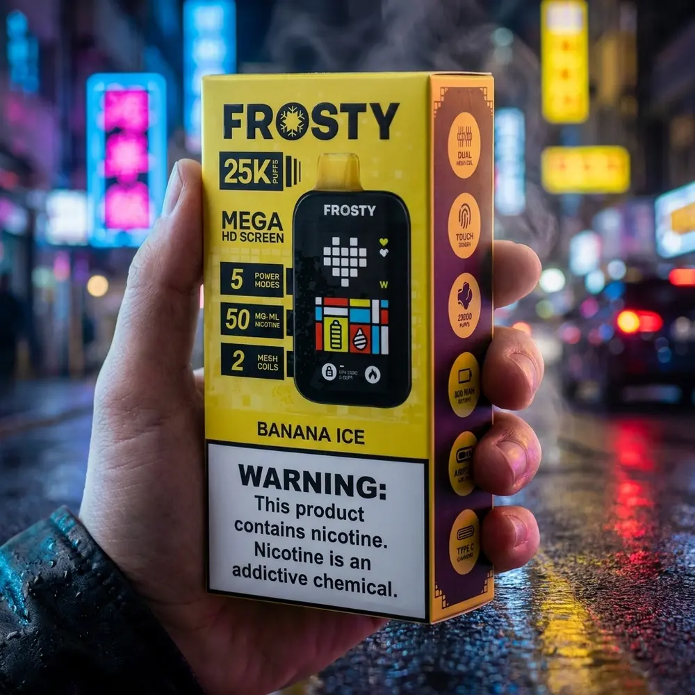 Pod Descartável Frosty Banana Ice sendo segurado na rua noturna com neon, reflexos molhados e vapor sutil - Vapor Gringo