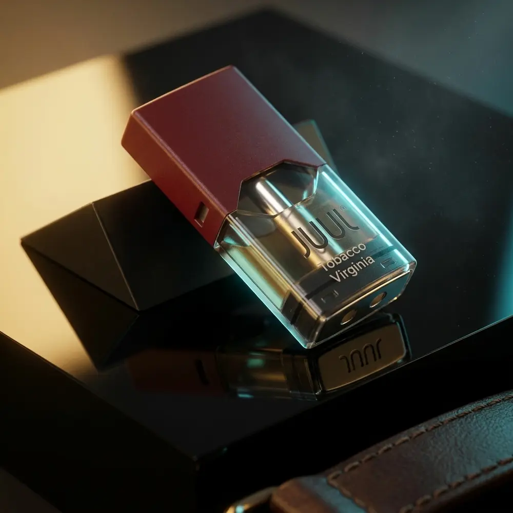 Pod Juul Tabaco Virginia apoiado em acrílico preto, close diagonal com luzes douradas e azuis, logo visível - Vapor Gringo