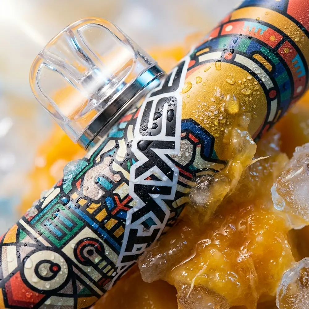 Macro do Maskking High Pro Max Mango Ice mostrando bocal, rótulo e gotas de condensação sobre gelo - Vapor Gringo