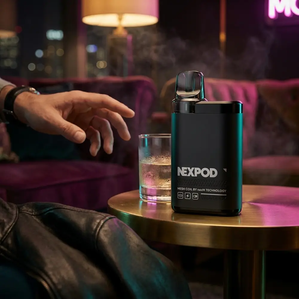 NexPod 3500 em lounge noturno luxuoso sobre mesa de metal, copo ao fundo e luzes magenta e teal - Vapor Gringo