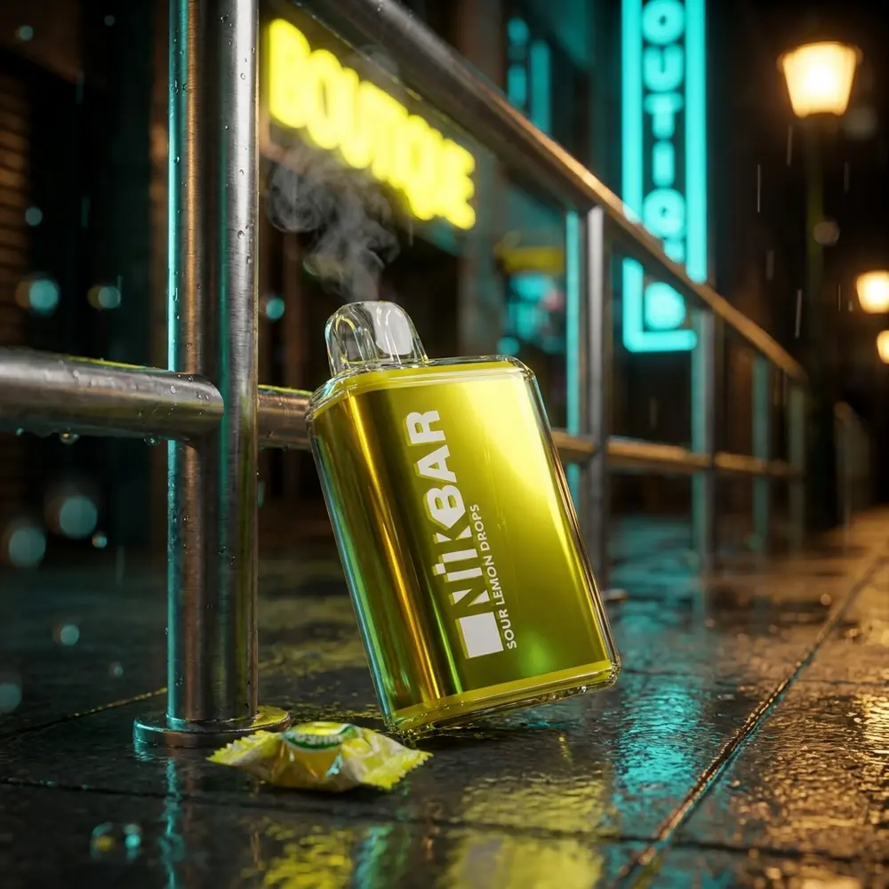 Pod descartavel NikBar Sour Lemon Drops encostado em corrimao molhado numa rua noturna com neon e reflexos - Vapor Gringo