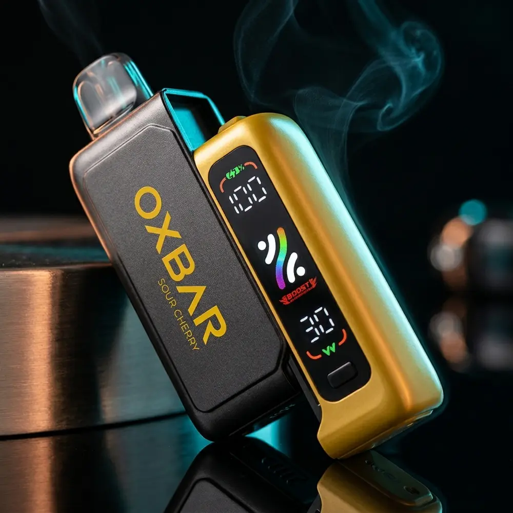 Pod Descartável Oxbar G32K com bateria Svopp sobre acrílico preto, luzes azul e cobre e reflexos metálicos - Vapor Gringo