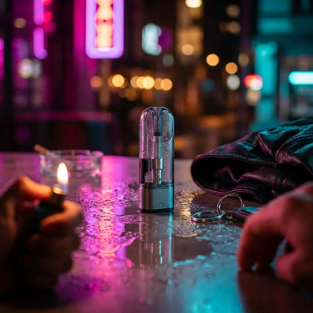 Cartucho Play - Zomo sobre balcao urbano molhado com luzes neon ao fundo e jaqueta de couro ao lado - Vapor Gringo