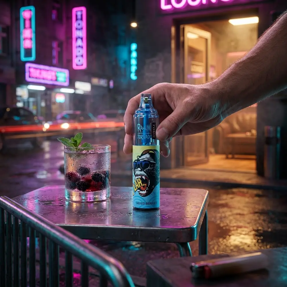 Pod Descartavel Rand M Tornado Mixed Berries em mesa de rua noturna com neon e copo com gelo ao lado - Vapor Gringo
