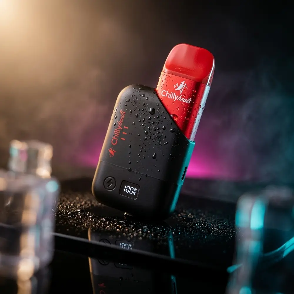 Pod Recarregavel Neo Pro 8000 Strawberry Ice sobre base acrilica preta com condensacao e luzes neon - Vapor Gringo