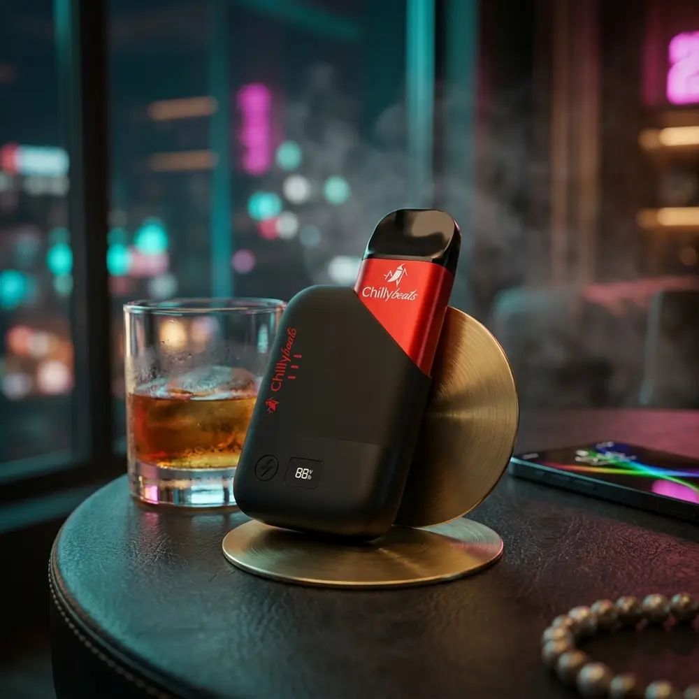 Pod Recarregavel Neo Pro 8000 Strawberry Ice apoiado em mesa de lounge com coquetel e luzes urbanas - Vapor Gringo