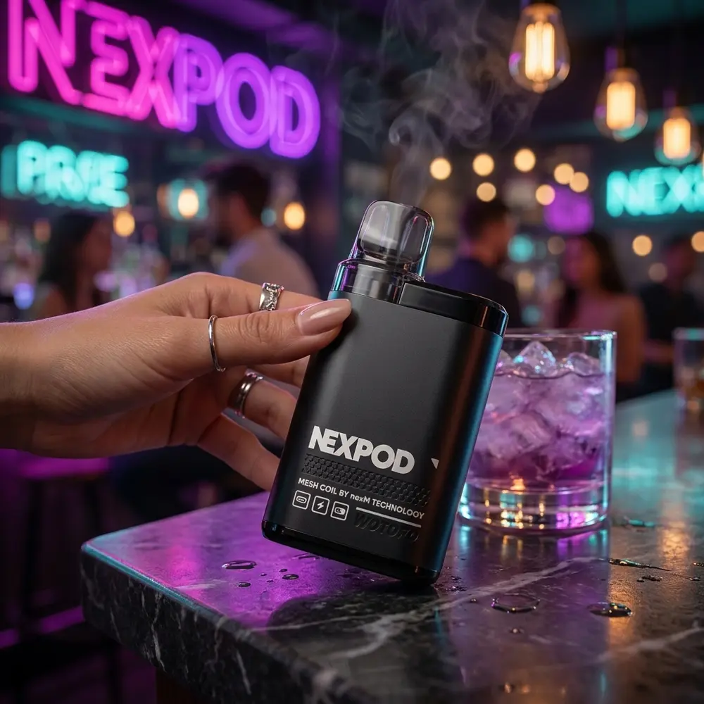 Pod Recarregável NexPod Purple Razz Ice sobre balcão molhado em cena noturna neon com mão segurando parcialmente - Vapor Gringo