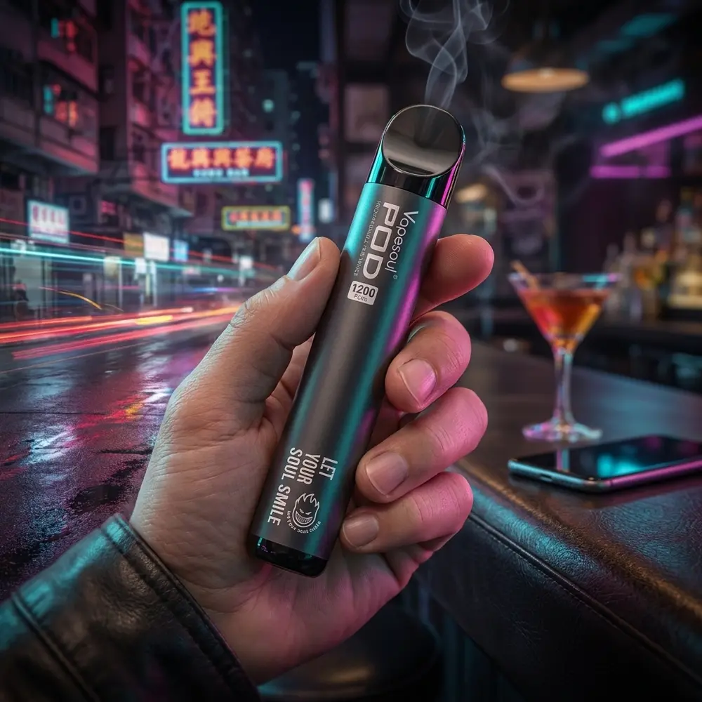 Mão adulta segura Pod Recarregável Vapesoul perto de bar noturno com neon, copo e smartphone desfocados ao fundo - Vapor Gringo