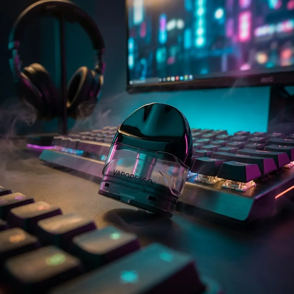 Pod Reposicao Renova Zero S apoiado em teclado mecanico RGB em ambiente urbano noturno - Vapor Gringo