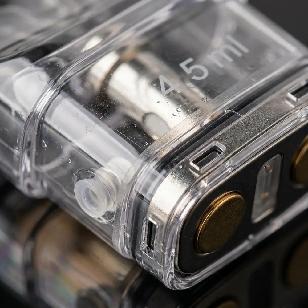Macro do Pod Reposição Aeglos H2 Uwell mostrando conector metálico, concha transparente e microgotículas - Vapor Gringo