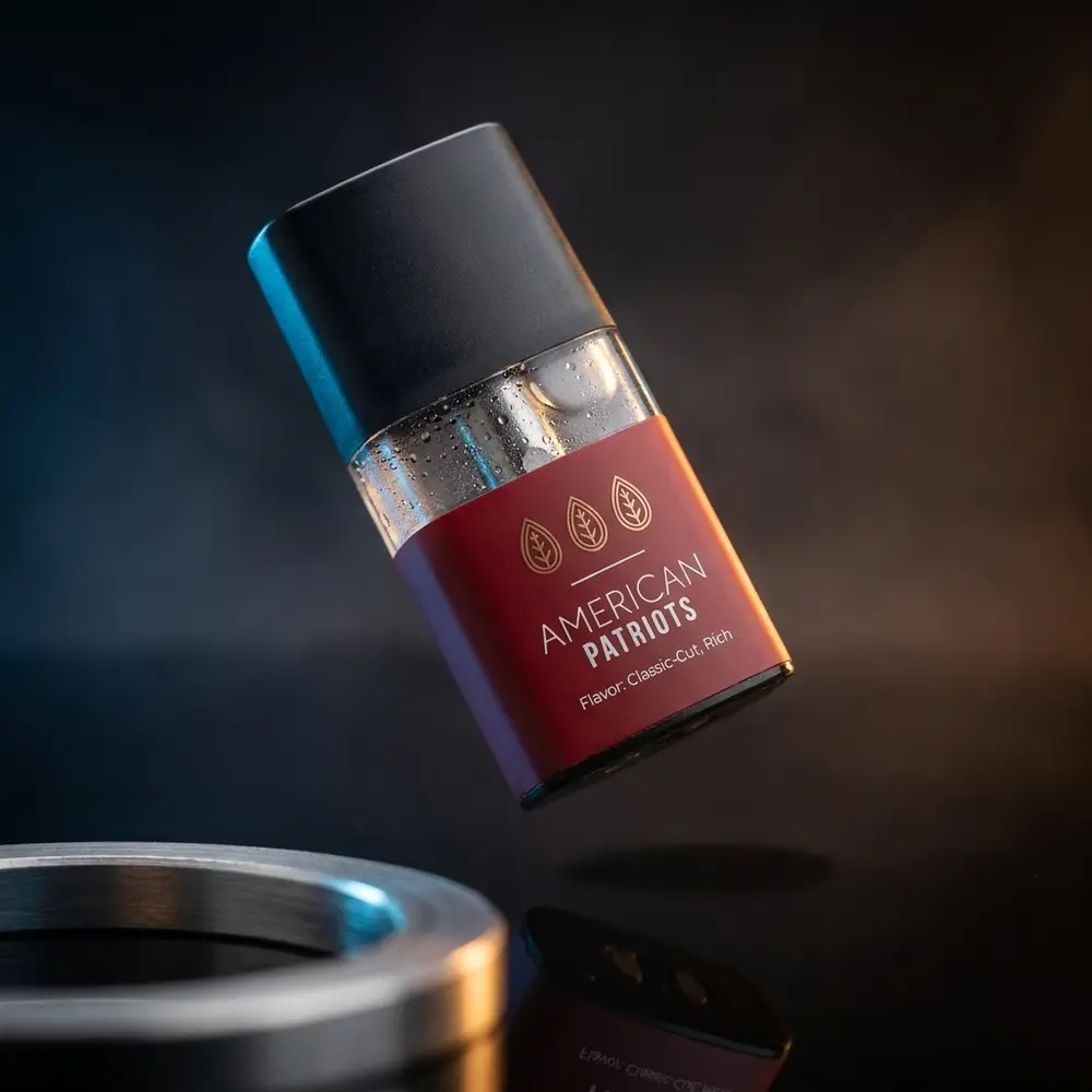 Pod reposicao American Patriots para Naked100 suspenso sobre acrilico preto com reflexos azul e âmbar e gotas de condensacao - Vapor Gringo