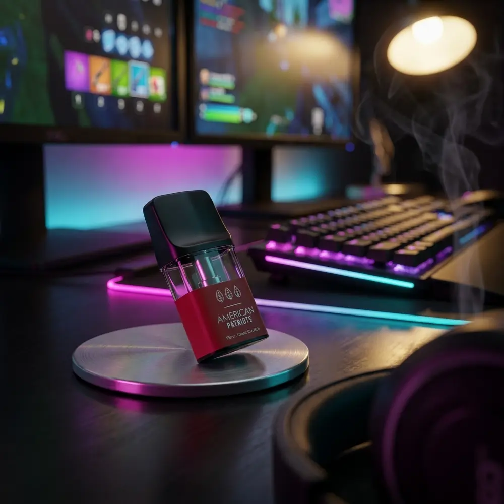 Pod reposicao American Patriots apoiado em mesa gamer RGB com reflexos magenta-ciano no invólucro transparente e teclado desfocado - Vapor Gringo