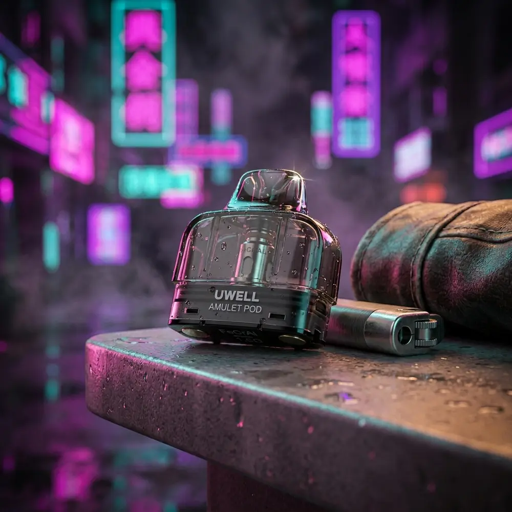 Cartucho Amulet 1.6Ω Uwell sobre balcão molhado com luzes neon rosas e azuis ao fundo, ambiente urbano noturno - Vapor Gringo