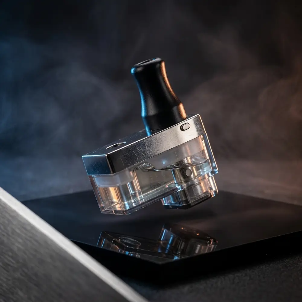 Pod reposicao Aurora Play 2ml suspenso sobre base acrilica com luzes dramáticas e reflexos metalicos - Vapor Gringo