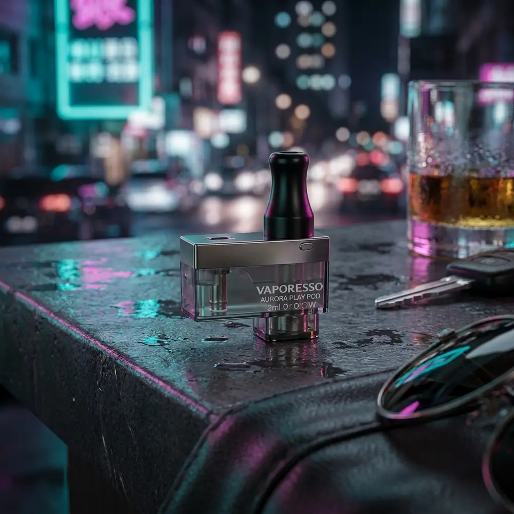 Pod Aurora Play 2ml sobre balcão urbano molhado com reflexos de neon e objetos de lifestyle em desfoque - Vapor Gringo