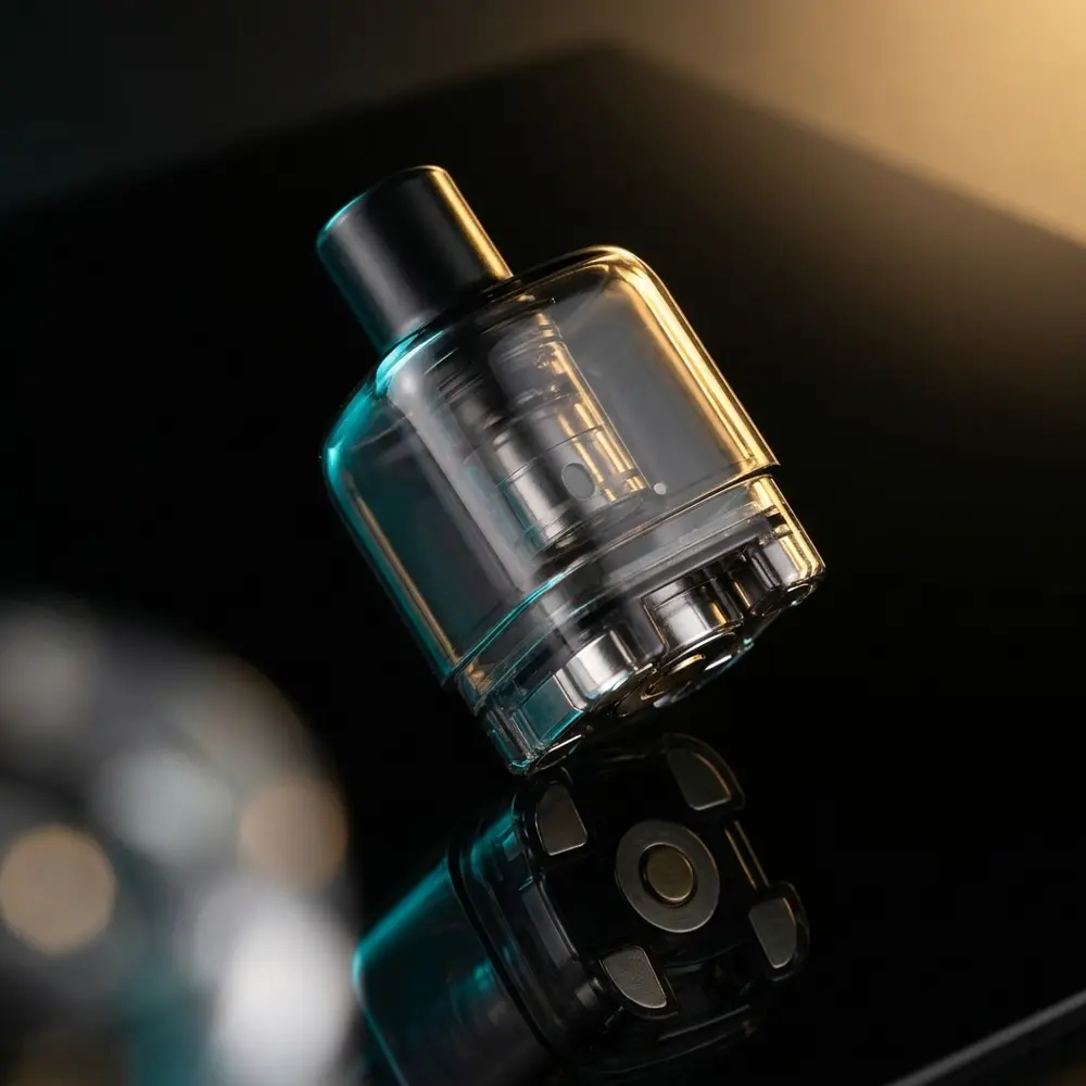 Pod reposicao AVP Cube da Aspire suspenso sobre acrilico preto, luzes azul e dourado realcam transparencia e conectores - Vapor Gringo